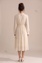Cream A-Line Midi Dress with Bishop Sleeves and Ruffled Front Placket Flowering Girl