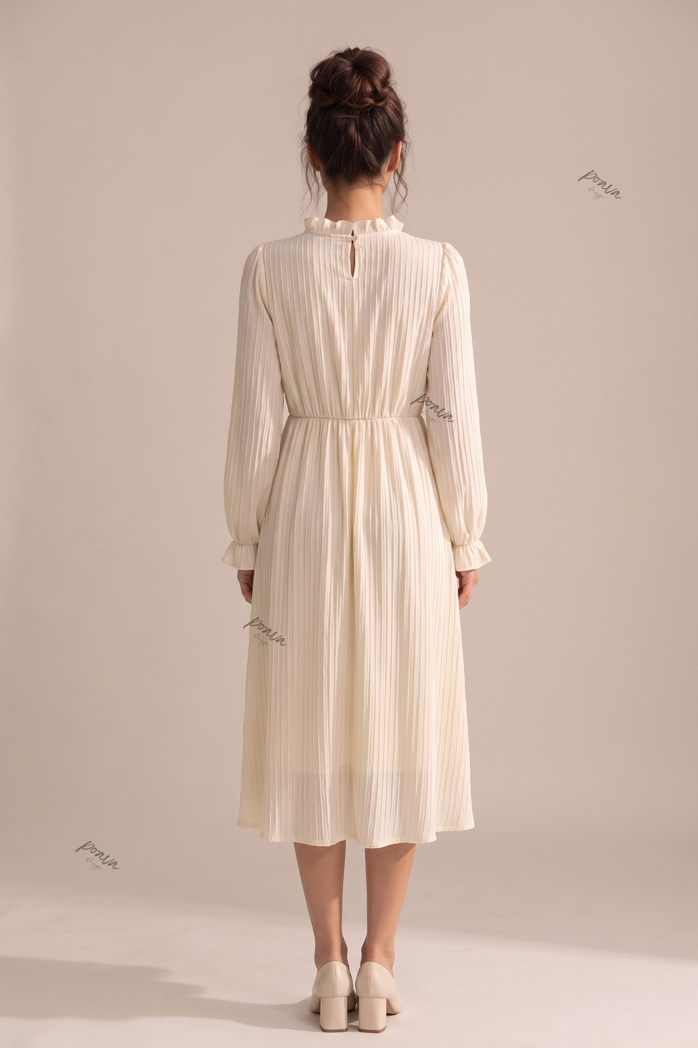 Cream A-Line Midi Dress with Bishop Sleeves and Ruffled Front Placket Flowering Girl