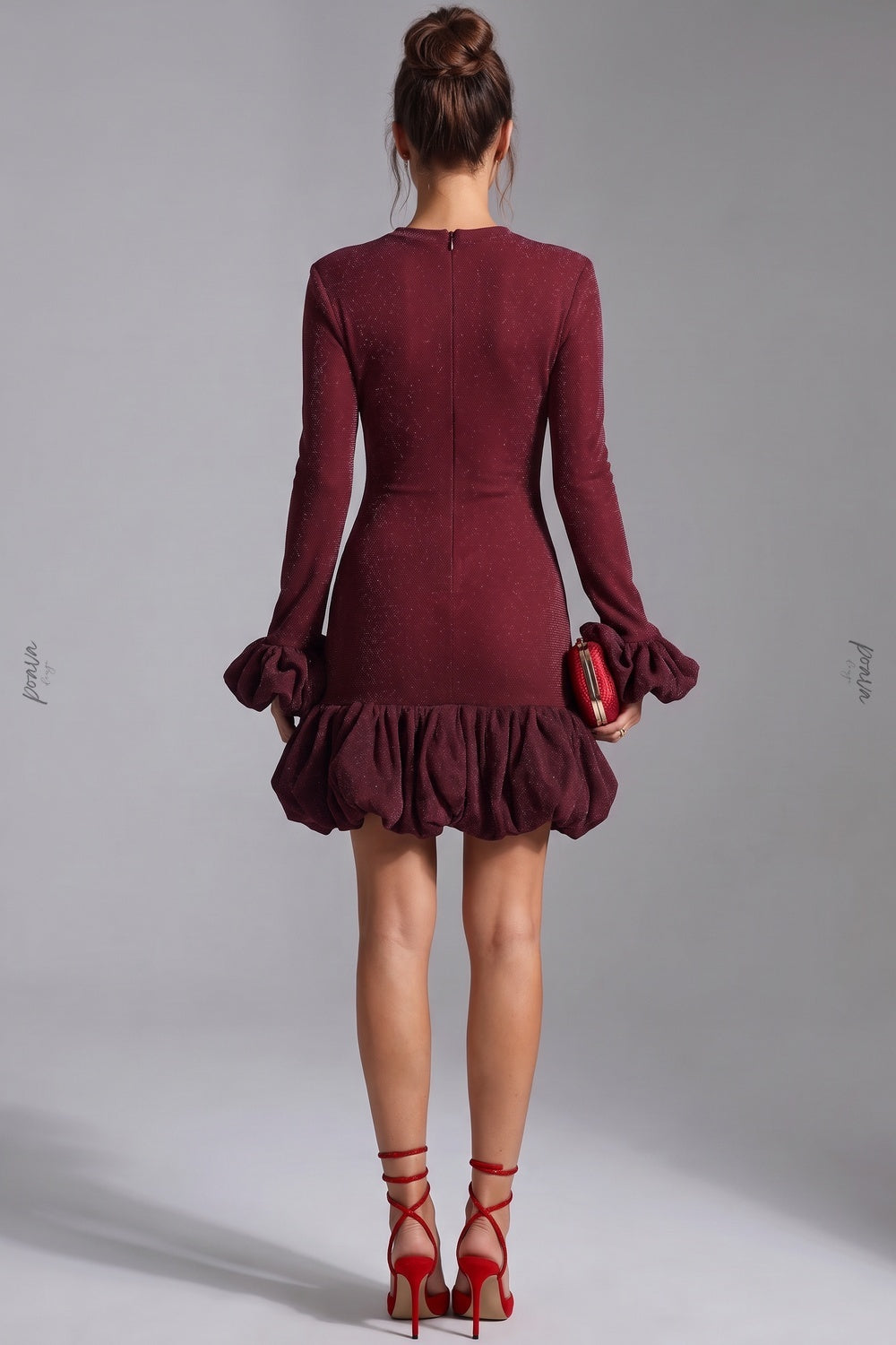 Burgundy Lurex Knit Fitted Bodycon Dress with Voluminous Bubble Hem Flowering Girl