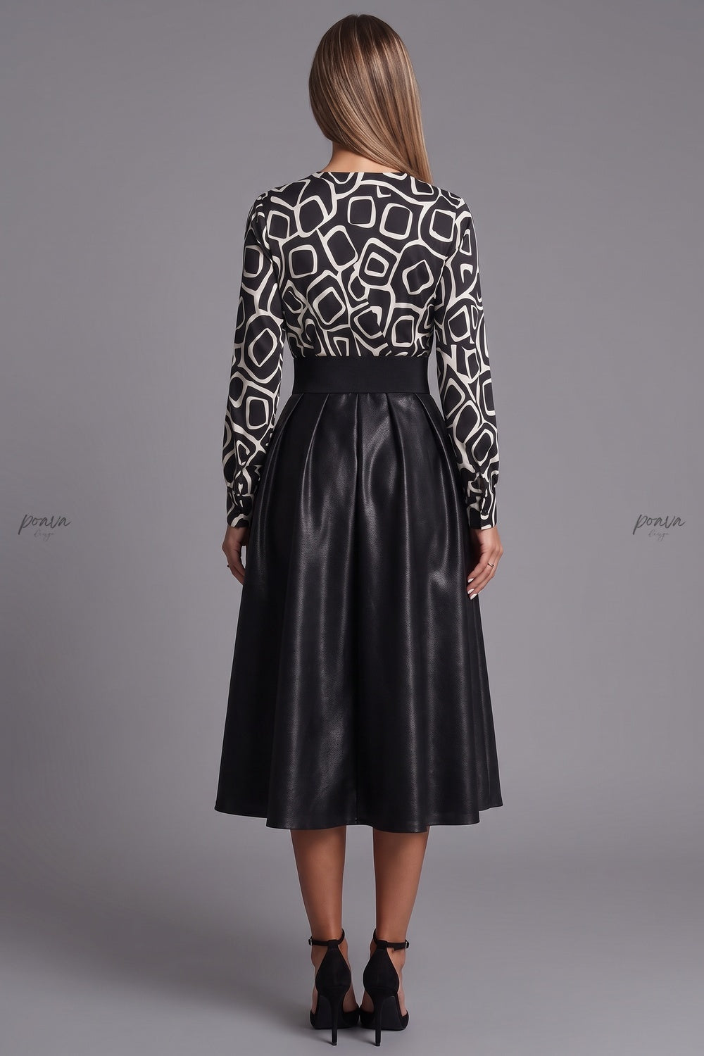 Black Satin-Finish Woven Fabric A-Line Mock Two-Piece Midi Dress Flowering Girl