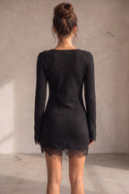 Black Fine Knit Slim-Fit Sheath Mini Dress with Lace Trim Flowering Girl