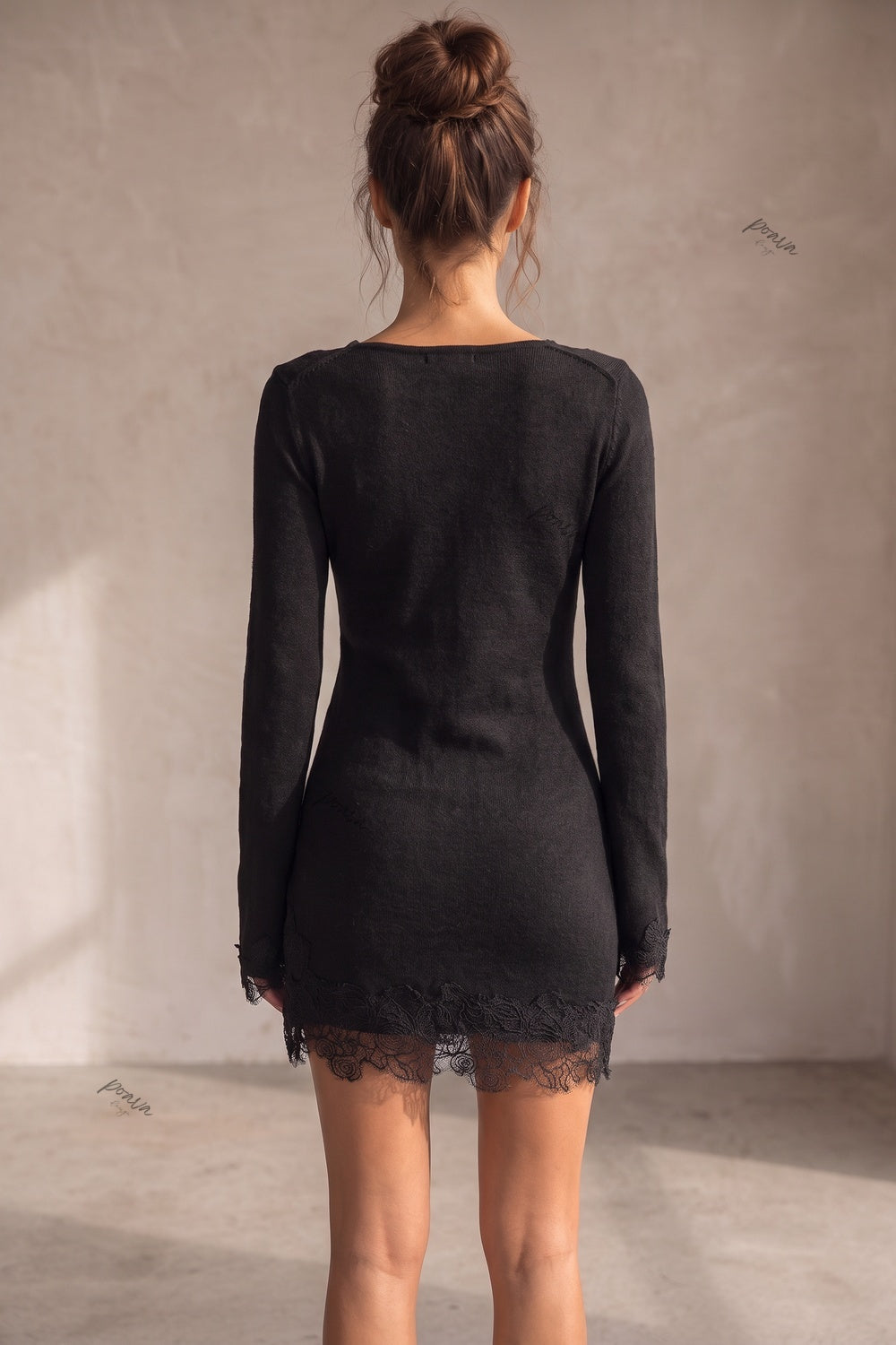 Black Fine Knit Slim-Fit Sheath Mini Dress with Lace Trim Flowering Girl
