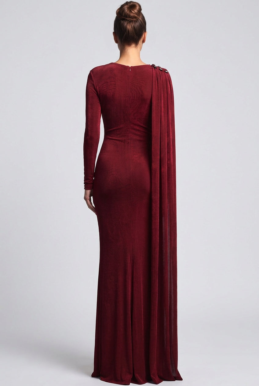 Burgundy Metallic Jersey Column Evening Gown Flowering Girl