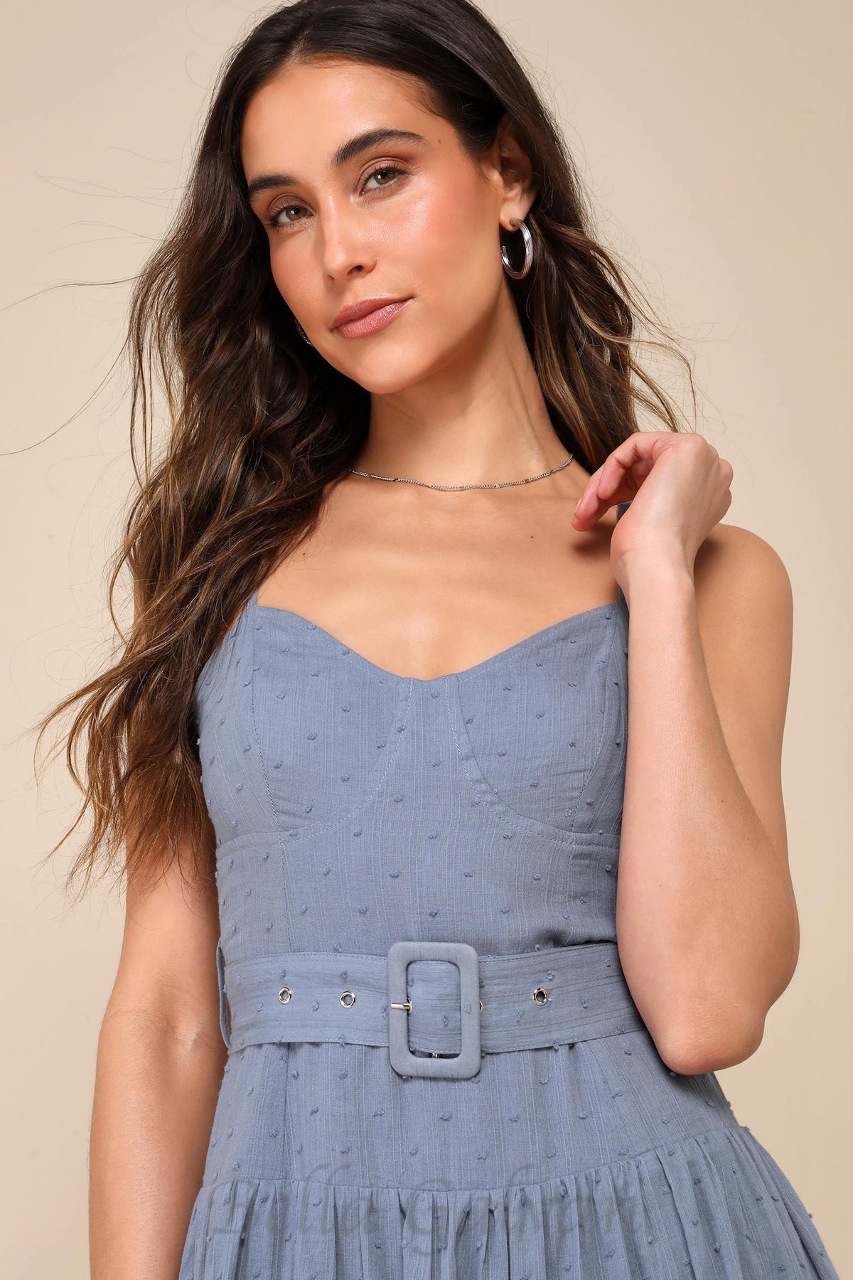 slate blue swiss dot bustier tiered midi dress Flowering Girl