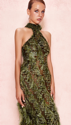 Halterneck Backless Hollow Midi Dress In Green Flowering Girl