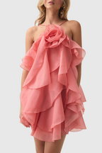 Lorraine Halter Floral Ruffle Layered Mini Dress In Orange Flowering Girl