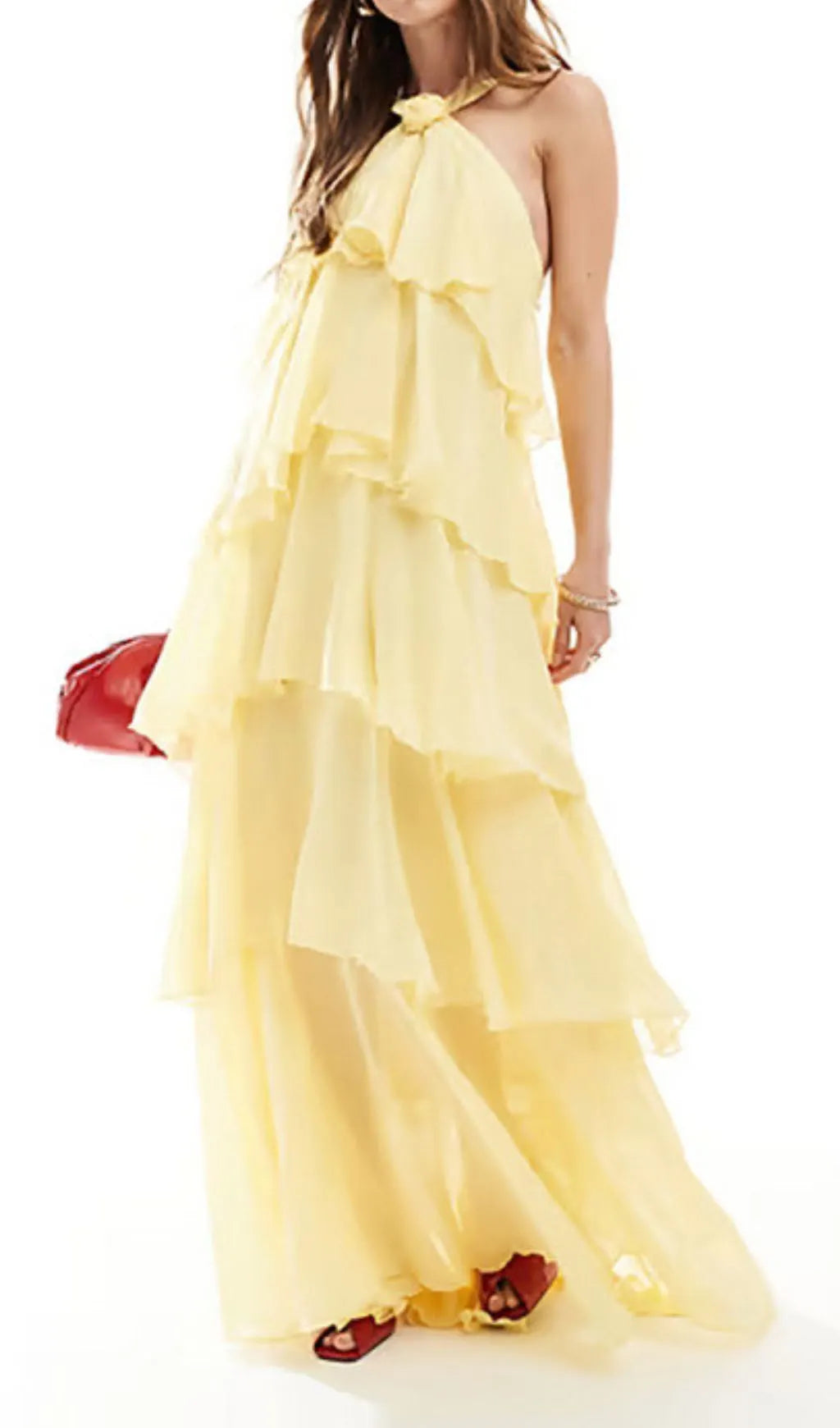 Falala Yellow Flower Halter Layered Maxi Dress Flowering Girl
