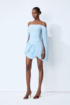 Light Blue Off Shoulder Draped Mesh Mini Dress With Floating Cape Sleeves Flowering Girl