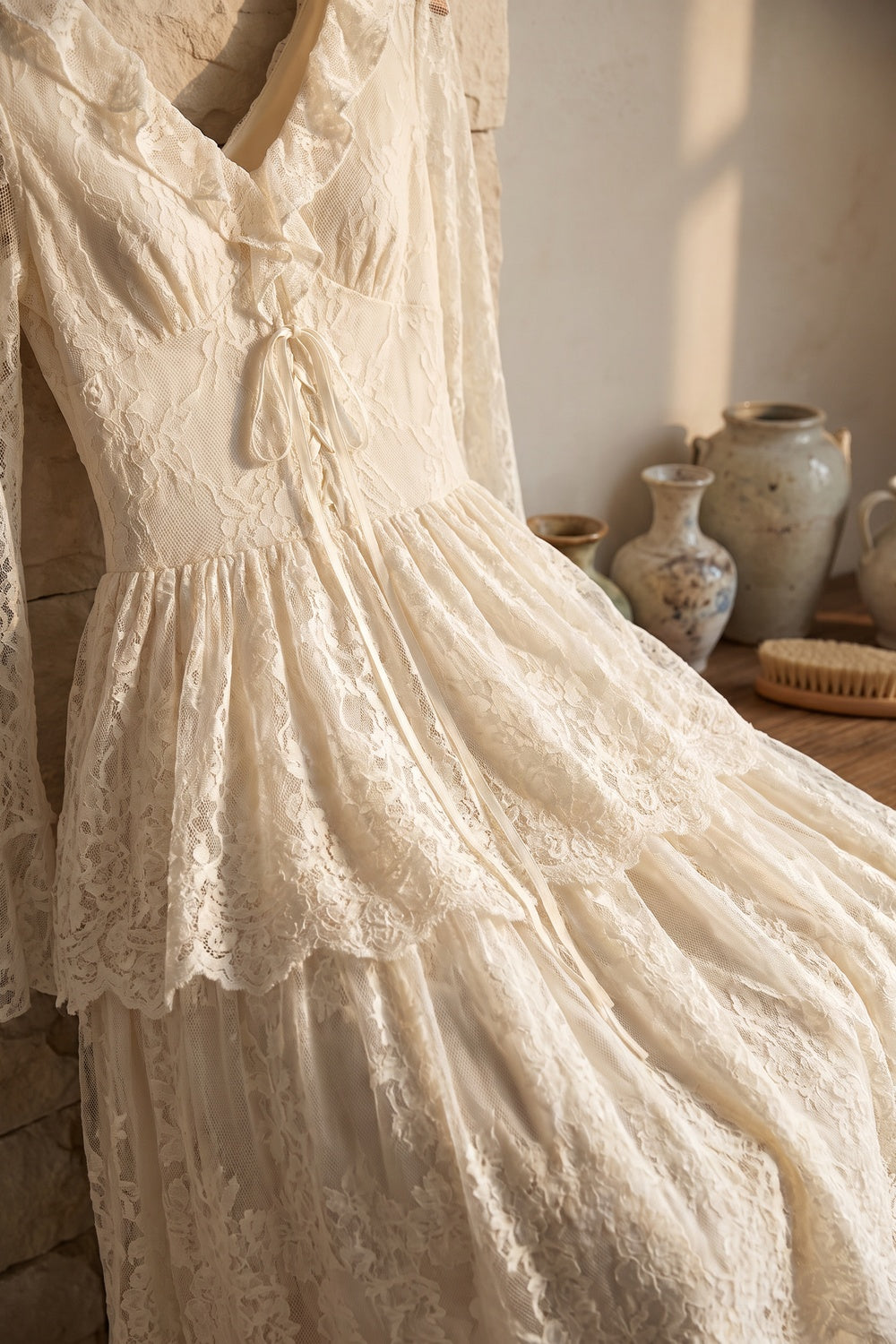 Cream Floral Lace Tiered Maxi Dress with Lace-Up Bodice Flowering Girl