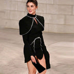 Diamond Chain Embellished Trumpet Sleeve Mini Dress In Black Flowering Girl