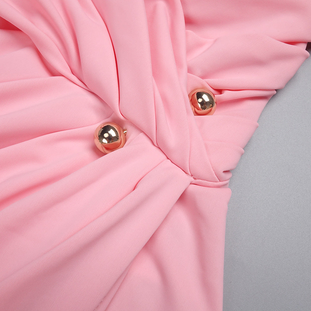 Bess One-Shoulder Slant Neck Pleated Maxi Dress In Pink Flowering Girl