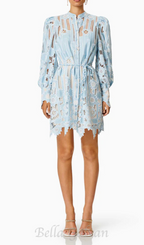 Jetsetter hollow long sleeve Mini Dress In Blue Flowering Girl