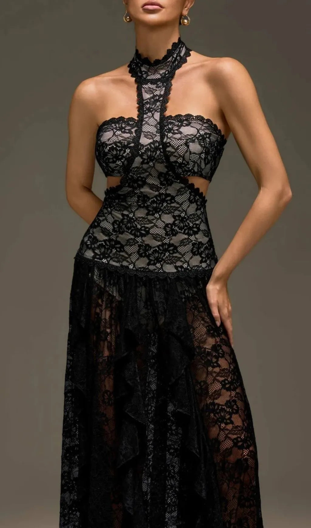 Gavelyn Halterneck Cutout Lace Maxi Dress In Black Flowering Girl