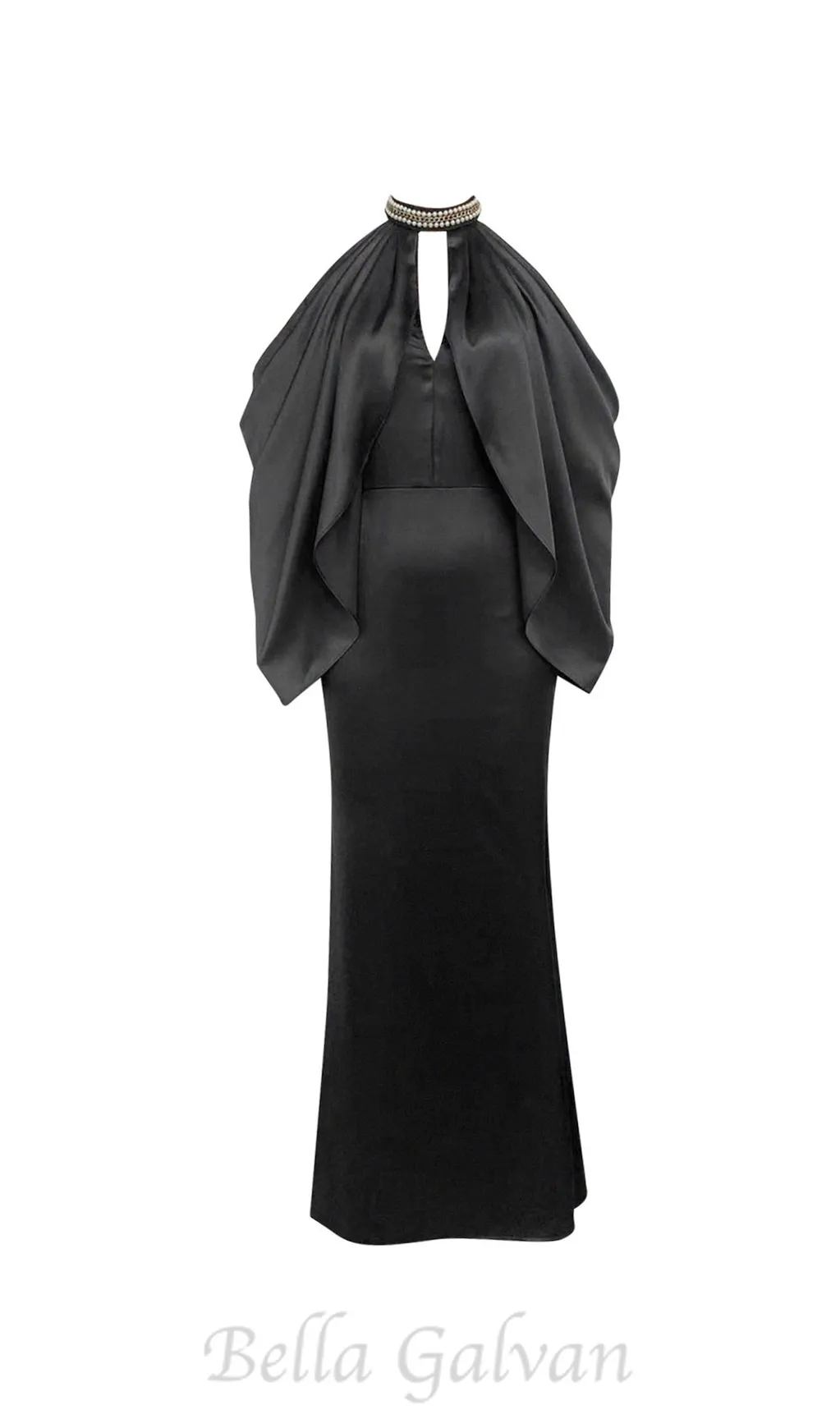 off-shoulder crystal halter maxi dress in black Flowering Girl