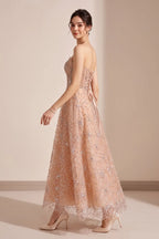 Nude Beaded Strapless Maxi Dress Flowering Girl