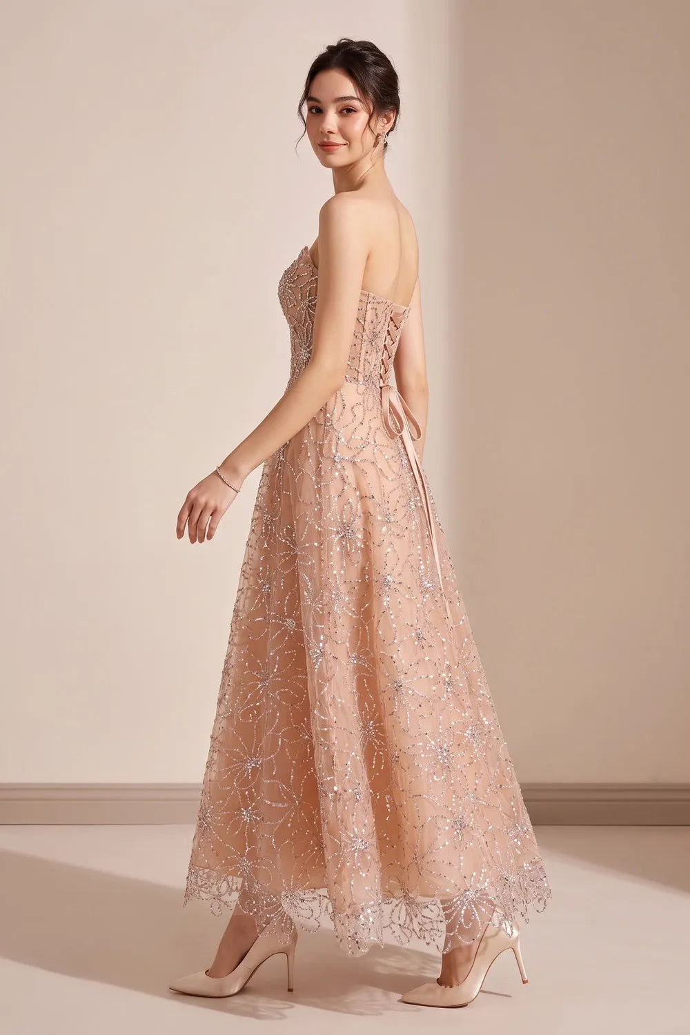 Nude Beaded Strapless Maxi Dress Flowering Girl