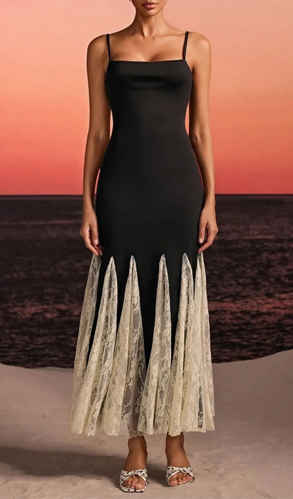 Farsel Spaghetti Lace Flared Maxi Dress Flowering Girl