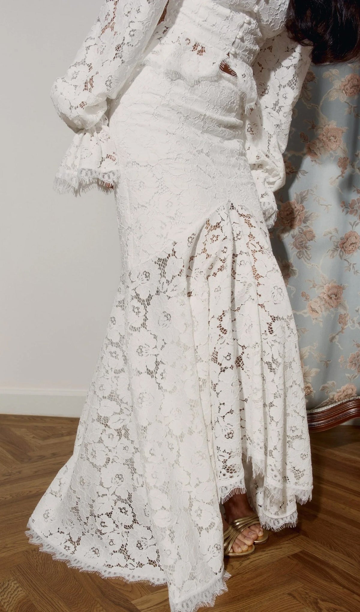 Emily Lace Trimmed Puff Sleeved Top & Fishtail Skirt Set In White Flowering Girl