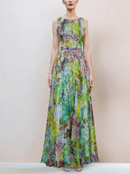 Green Flower Sleeveless Large Swing Maxi Dress Flowering Girl