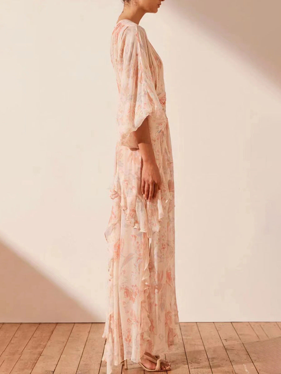 puff long sleeve tiered ruffle hem maxi dress in pink Flowering Girl