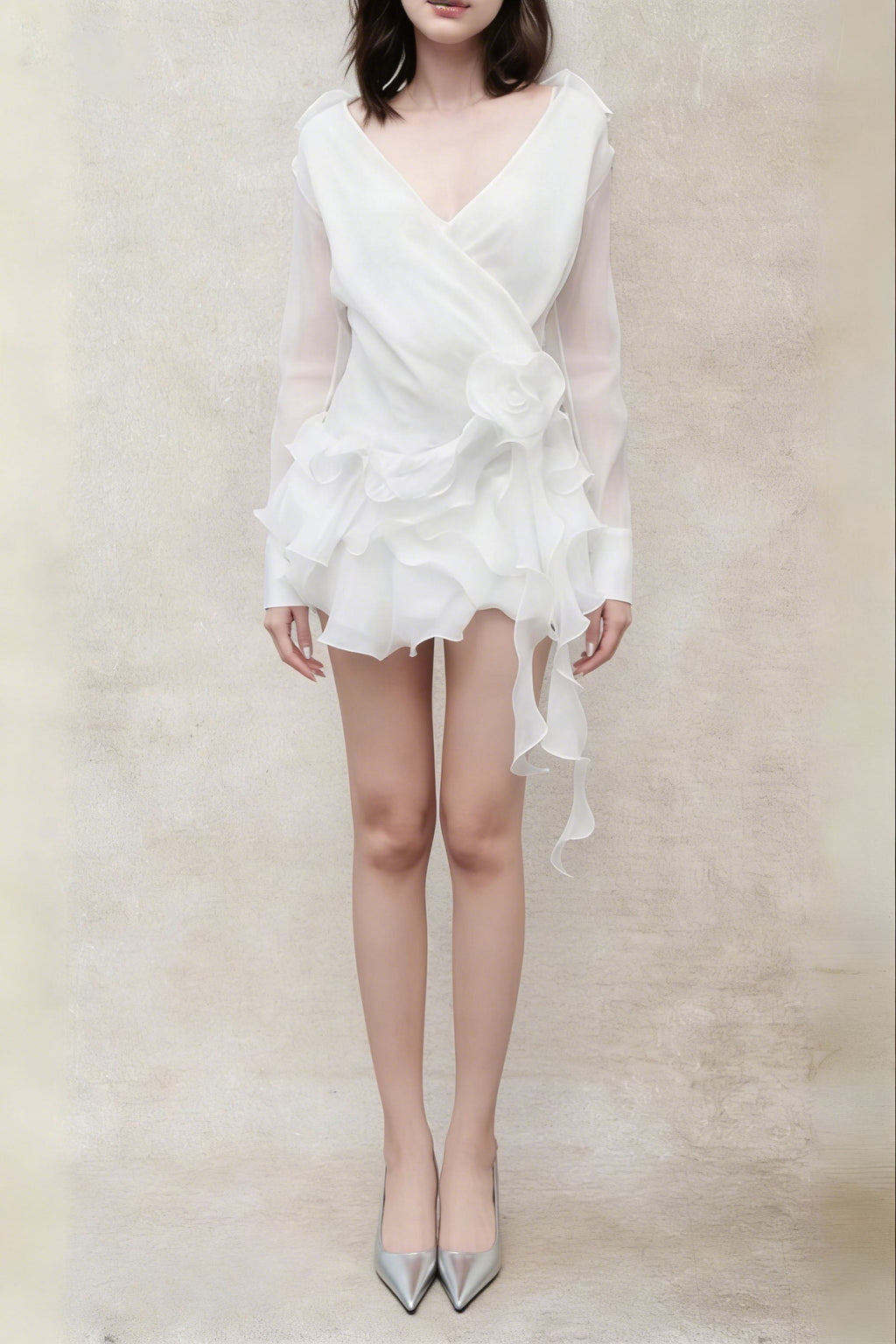 Flower Ruffle Ribbon Mini Dress In White Flowering Girl