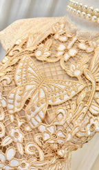 Pleated Embroidery Midi Dress In Beige Flowering Girl