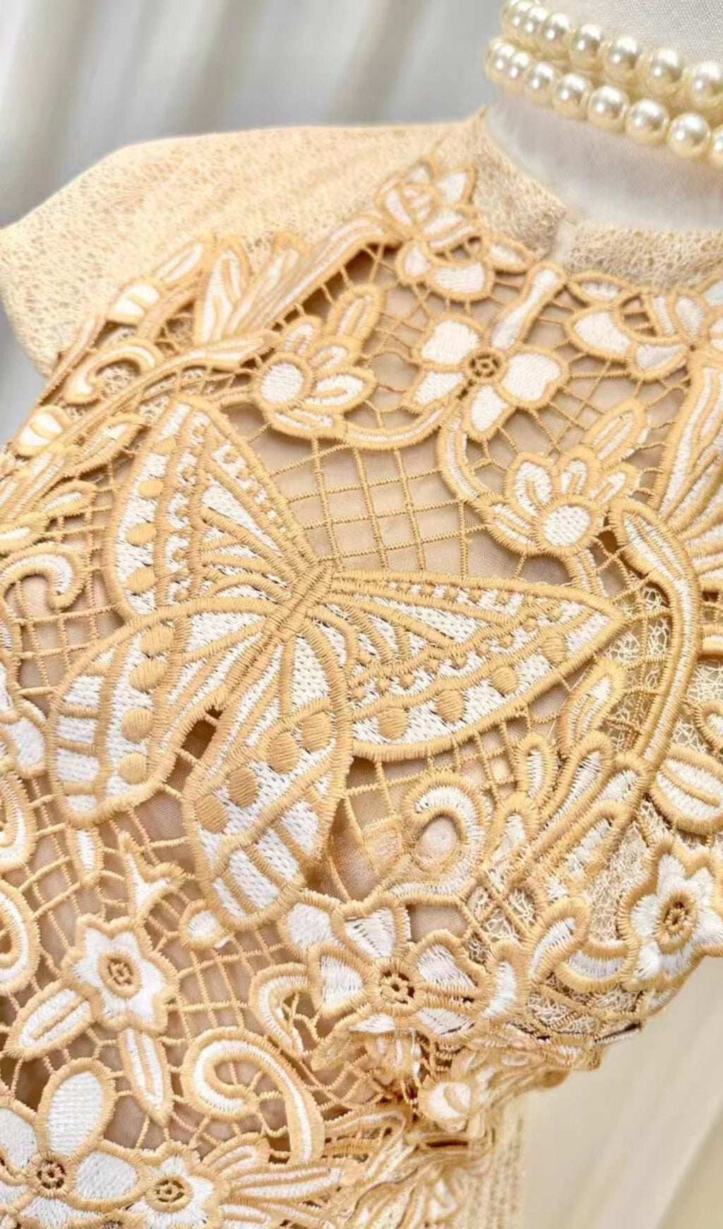 Pleated Embroidery Midi Dress In Beige Flowering Girl