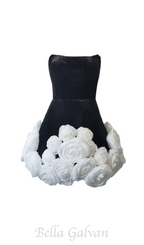 flower-embellished-hem black strapless mini dress Flowering Girl
