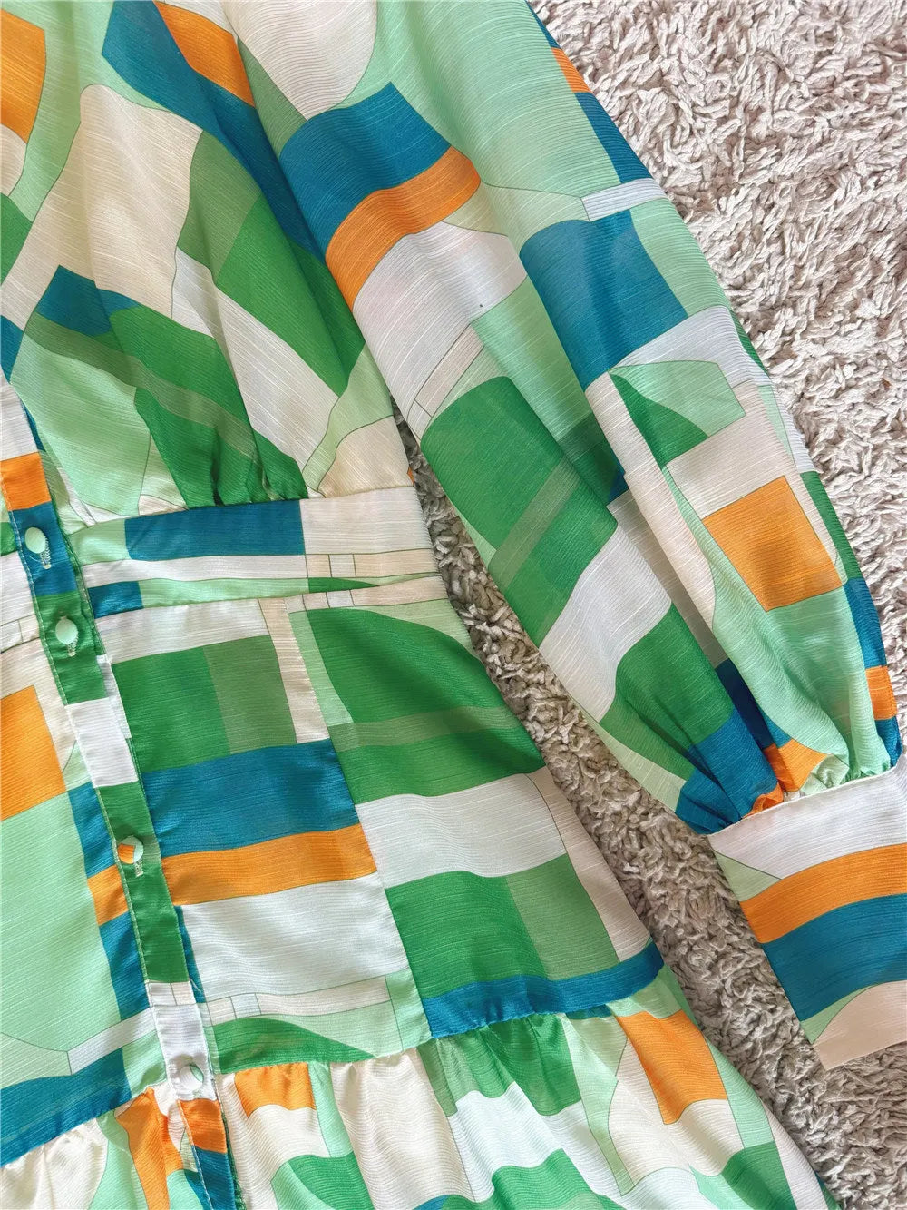 Green Color-Block Button Dress Flowering Girl