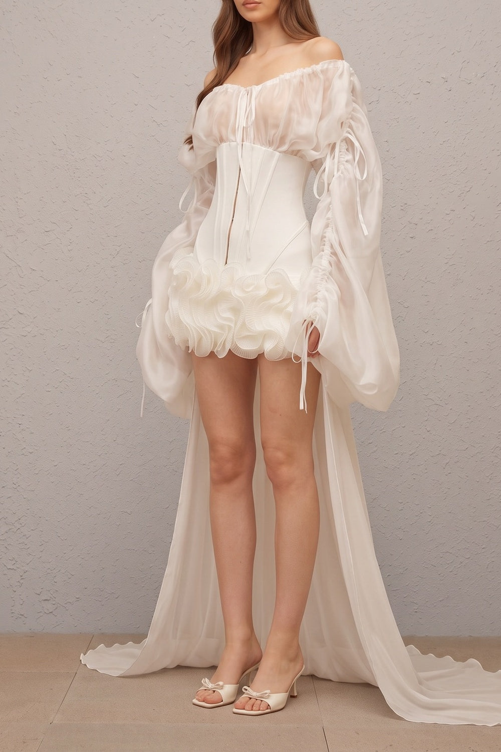 Off Shoulder Sheer Sleeve Corset Ruffle High Low Mini Dress Flowering Girl