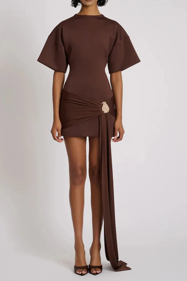 Draped Embellished Mini Dress - Brown Flowering Girl