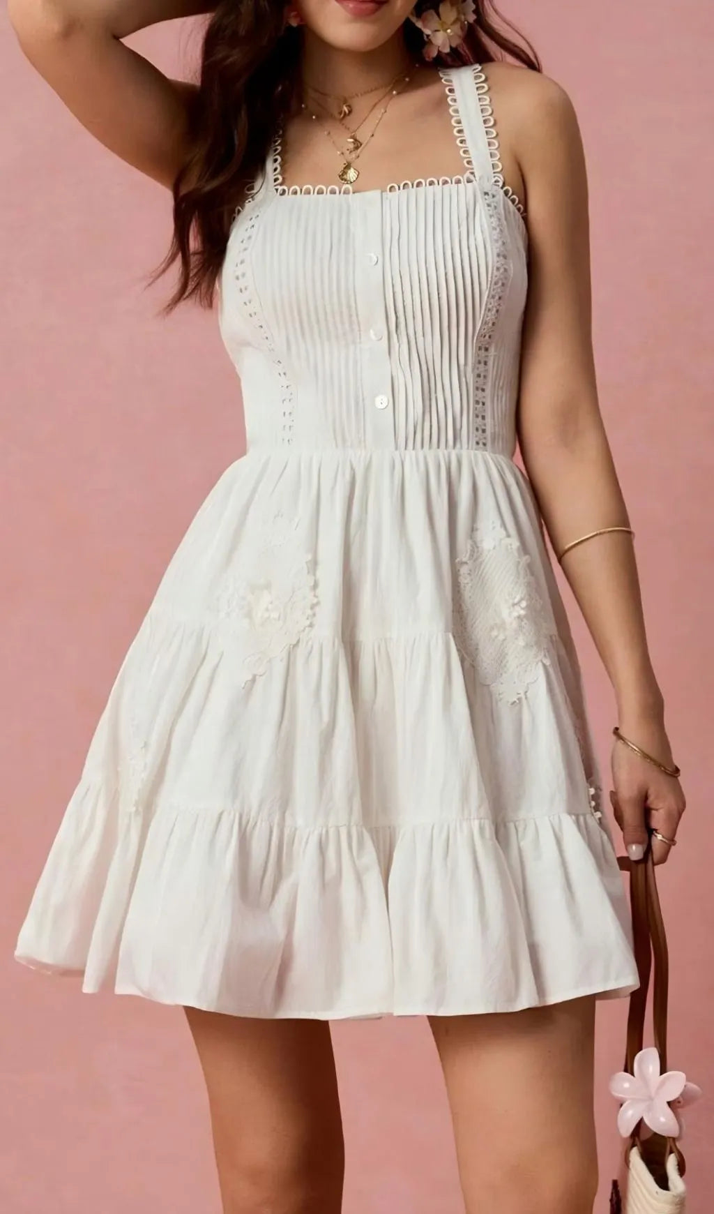 Landy White Pleated Mini Dress Flowering Girl
