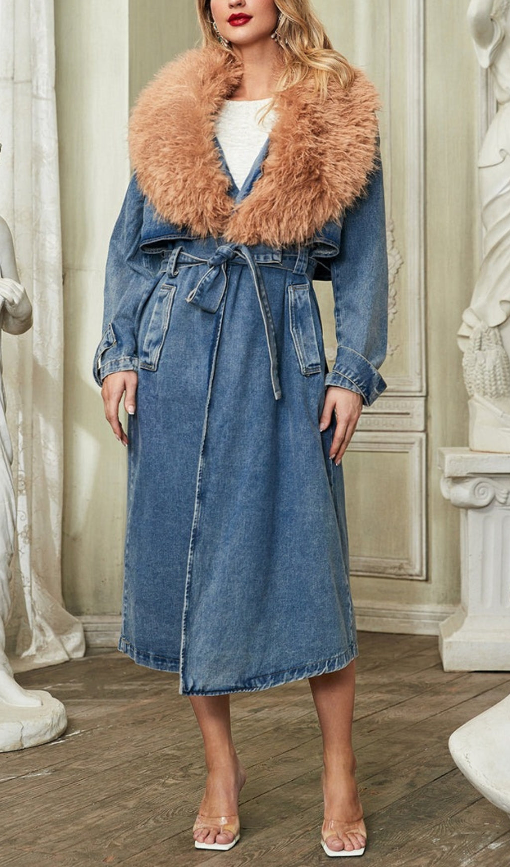 Adel Faux Fur Collar Denim Coat Flowering Girl