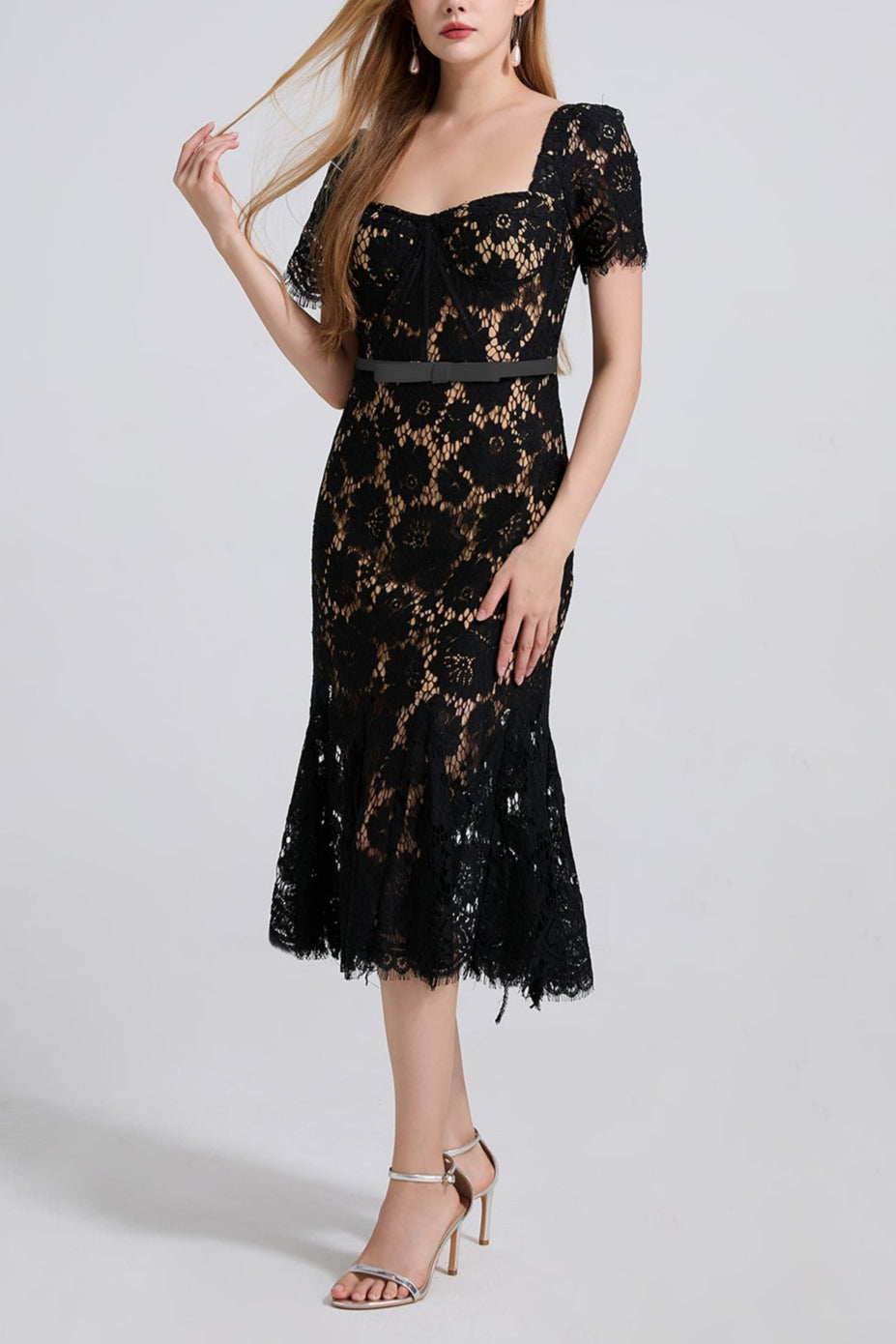 SQUARE NECK LACE MIDI DRESS IN BLACK Flowering Girl
