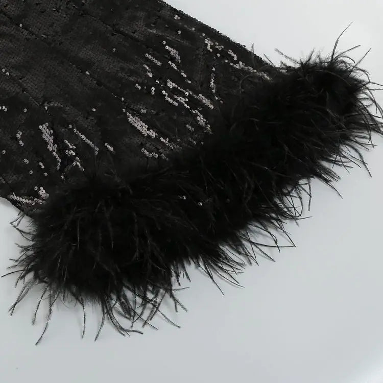 Black Sequin One Shoulder Feather Mini Dress Flowering Girl