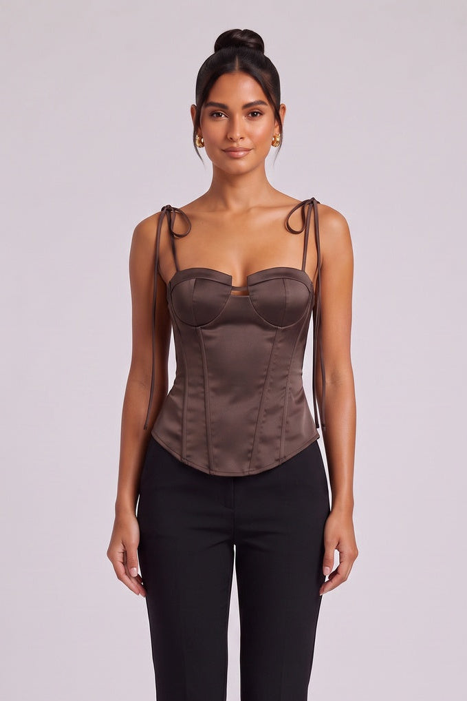 Dark Brown Satin Structured Corset Top Flowering Girl