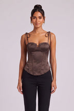 Dark Brown Satin Structured Corset Top Flowering Girl