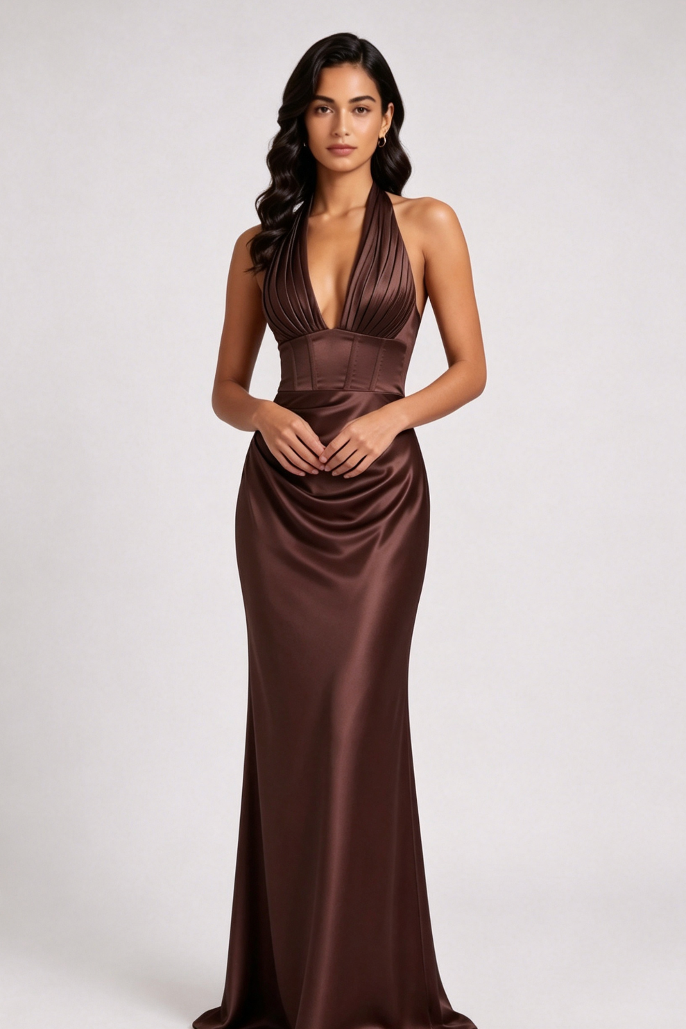 Chocolate Brown Satin Column Gown Flowering Girl