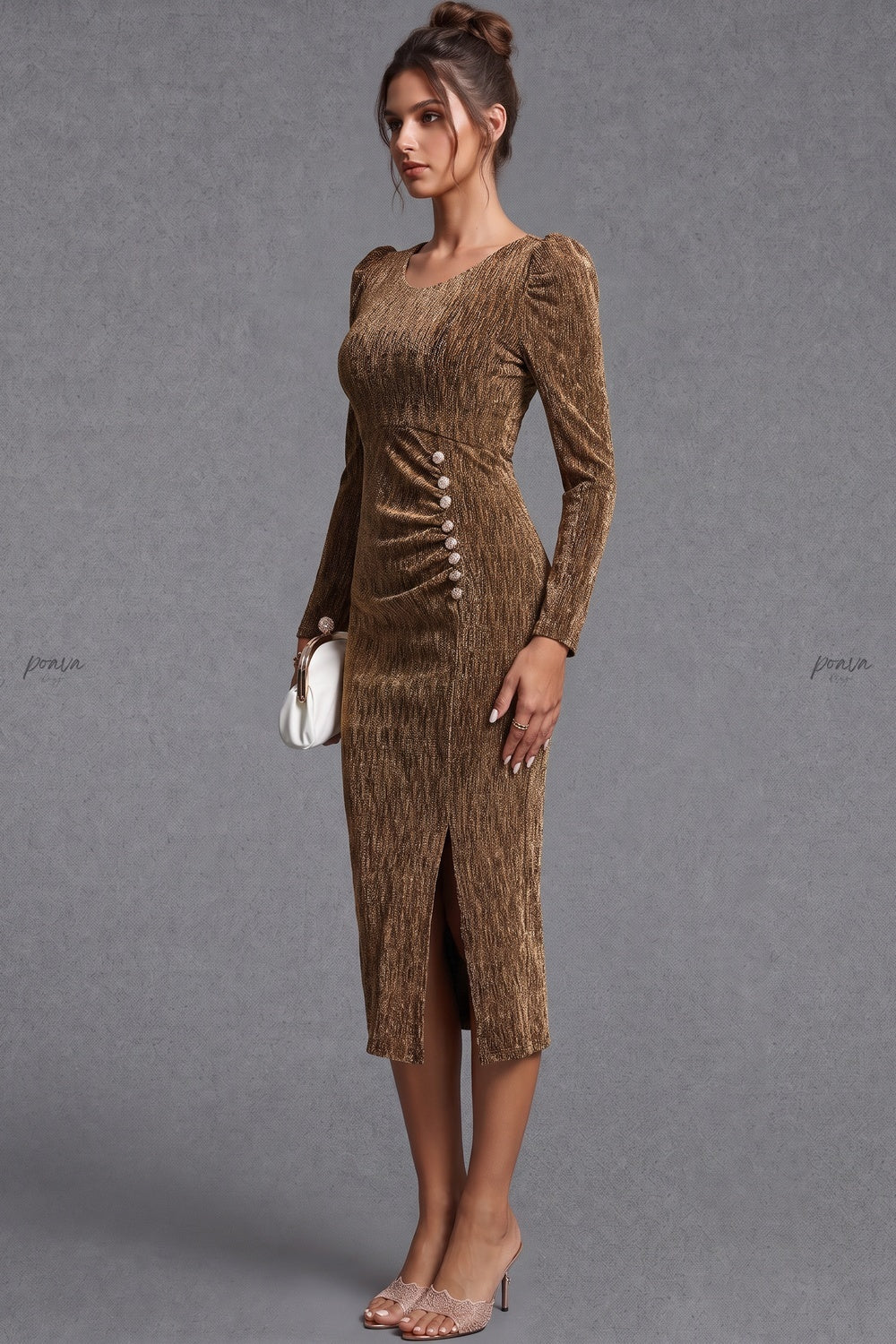 Bronze Metallic Lurex Knit Sheath Dress Flowering Girl