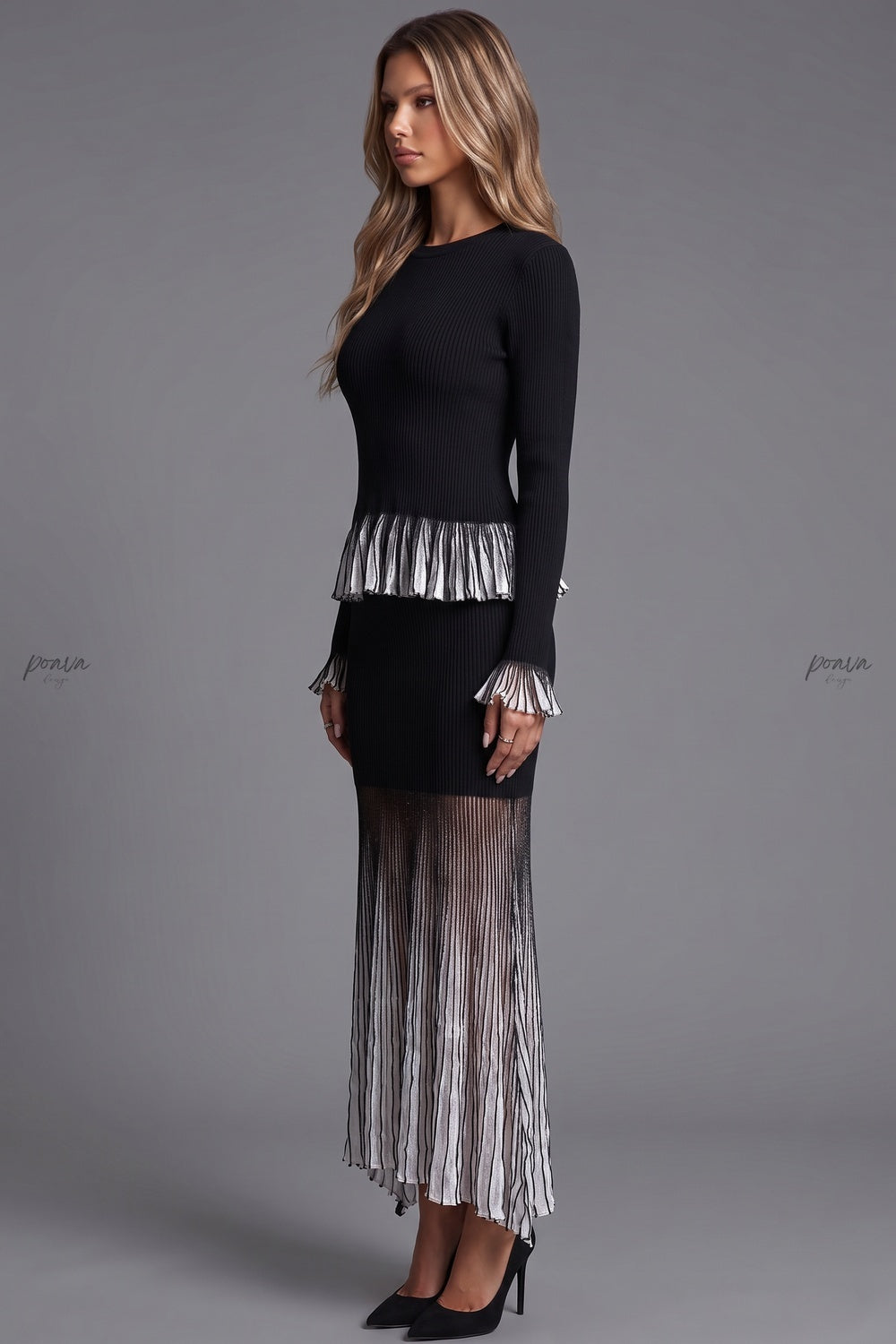 Black Ribbed Knit Two-Piece Set with Metallic Pleated Peplum Flowering Girl