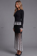 Black Ribbed Knit Two-Piece Set with Metallic Pleated Peplum Flowering Girl