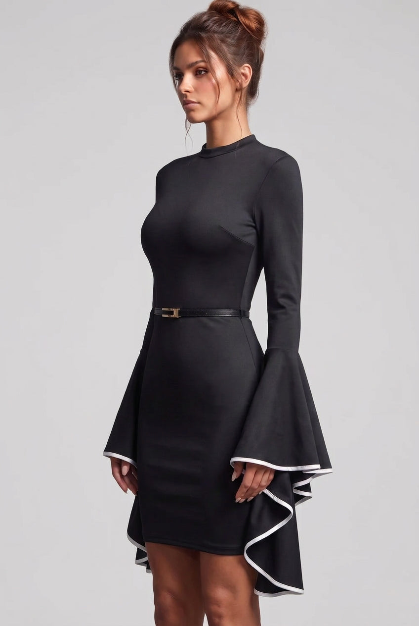 Black Bodycon Mini Dress with Tiered Bell Sleeves Flowering Girl