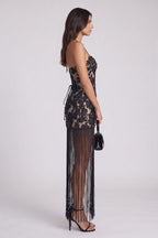 Black Floral Lace Applique Mesh Fitted Halter Mini Dress with Floor-Length Fringe Flowering Girl