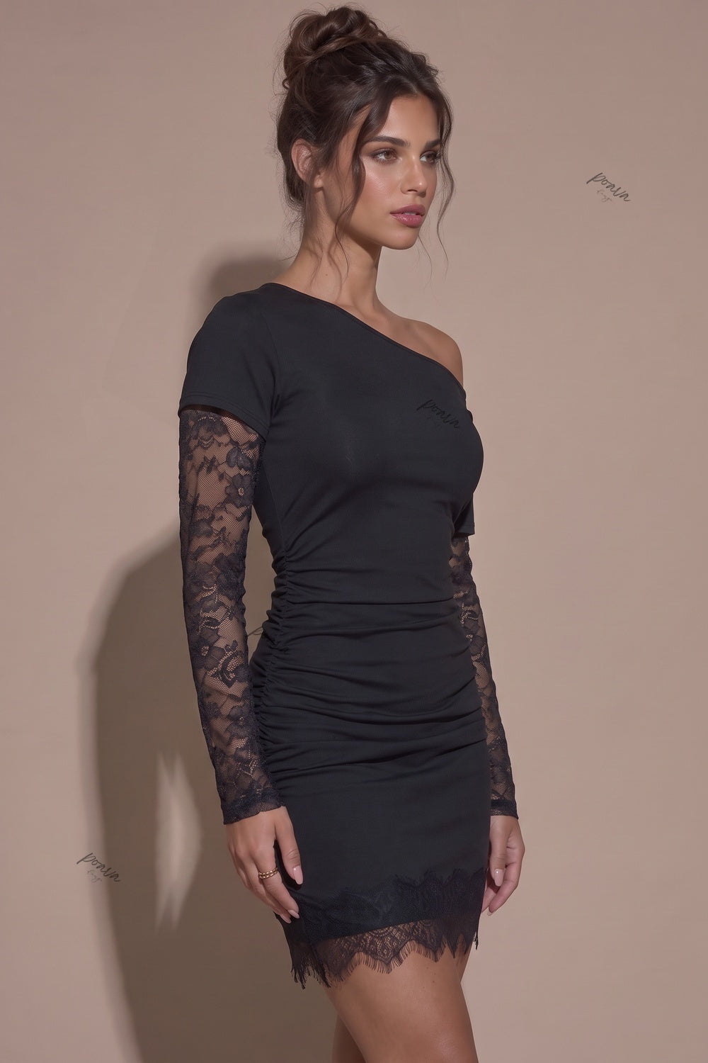 Black Asymmetrical Lace Sleeve Bodycon Mini Dress Flowering Girl