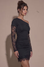 Black Asymmetrical Lace Sleeve Bodycon Mini Dress Flowering Girl