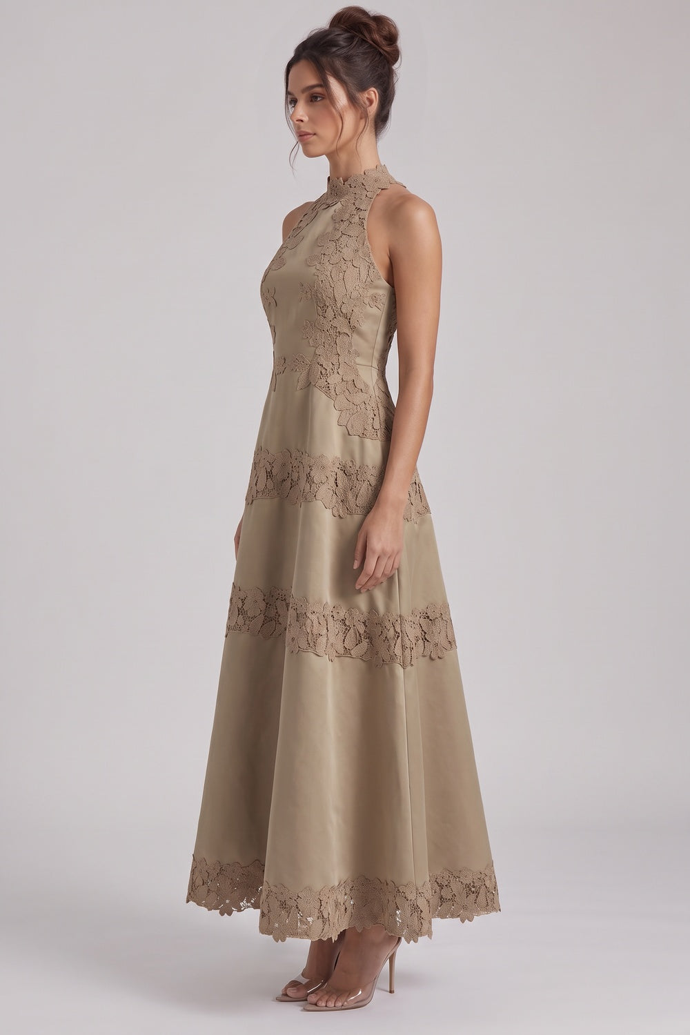 Taupe Structured Satin A-Line Midi Dress with Lace Band Detail Flowering Girl