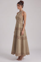 Taupe Structured Satin A-Line Midi Dress with Lace Band Detail Flowering Girl