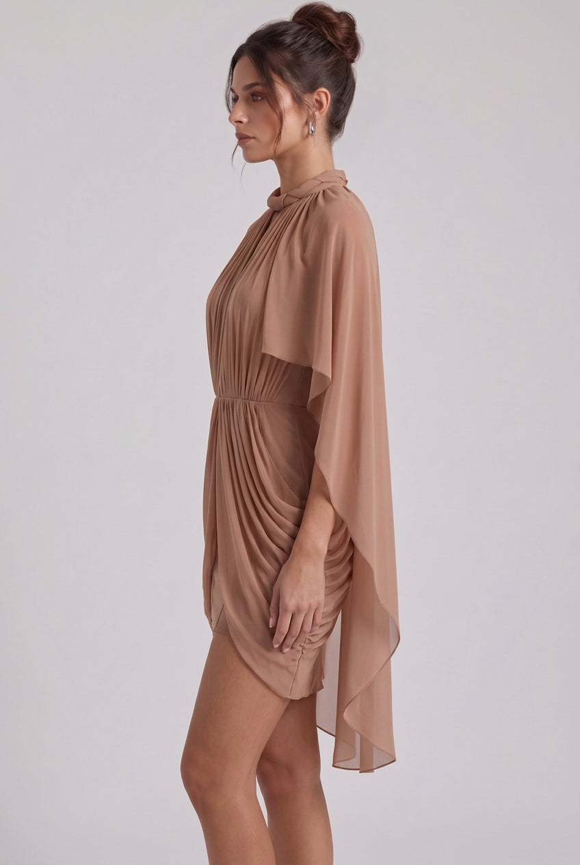 Nude Sheer Chiffon or Georgette Fitted Bodycon Under-Layer with Draped Cape Overlay Mini Dress Flowering Girl