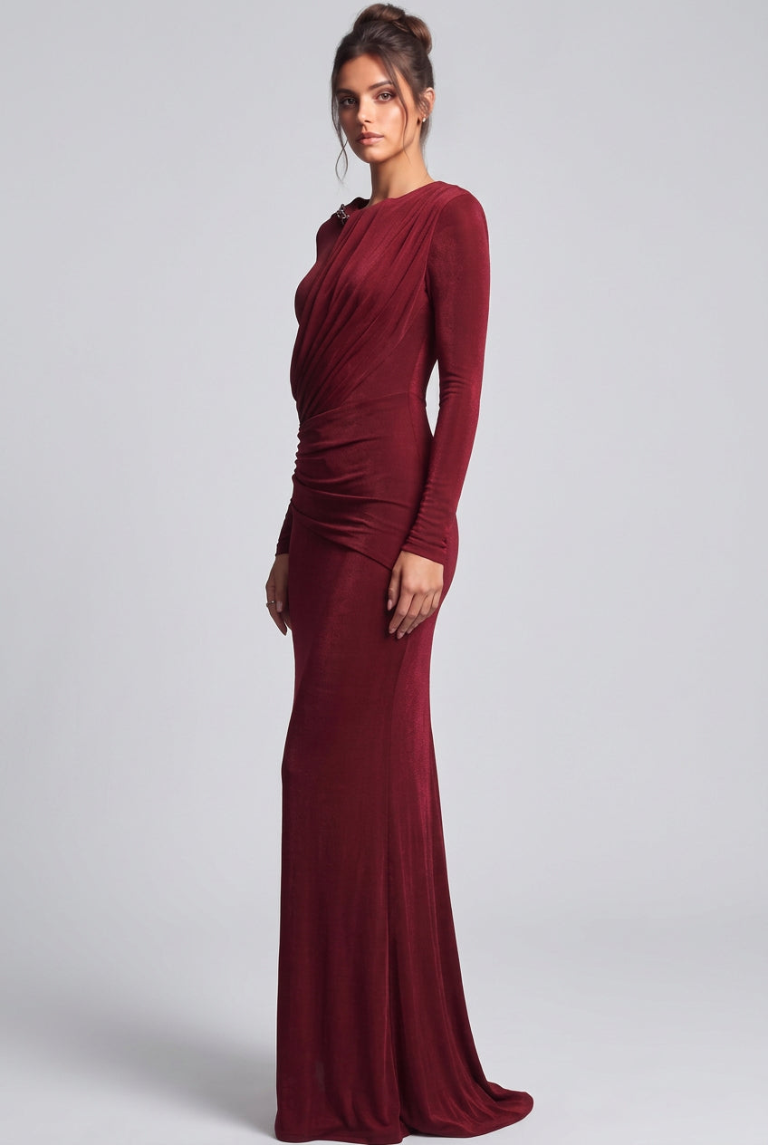 Burgundy Metallic Jersey Column Evening Gown Flowering Girl