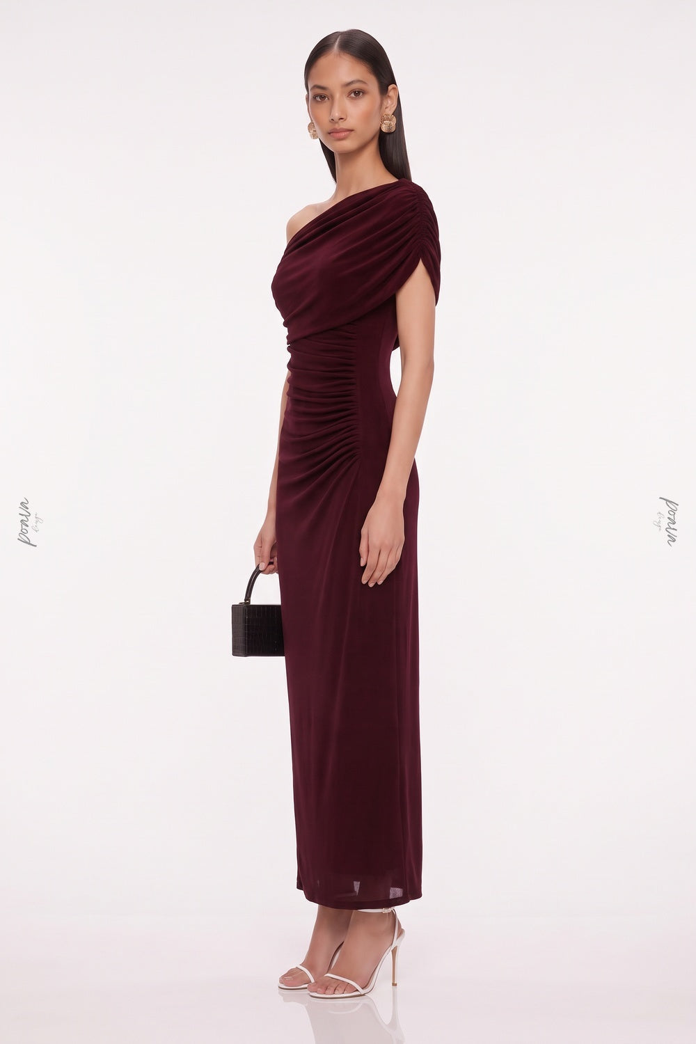 Burgundy Asymmetrical Off-The-Shoulder Ruched Column Dress Flowering Girl